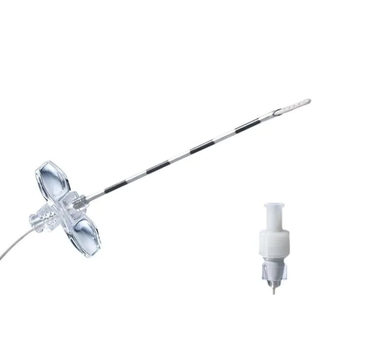 Medical catheter device with transparent hub connector and a separate white injection port component