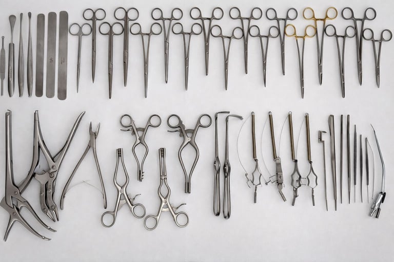 Flat lay of surgical instruments organized in rows, including forceps, scissors, scalpels, and other metal medical tools on a white background