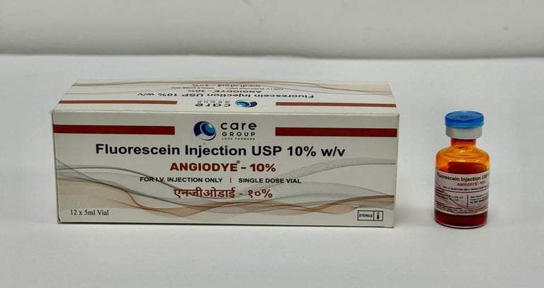 Fluorescein injection USP 10% medication box with blue-capped vial containing orange solution, used for ophthalmologic procedures